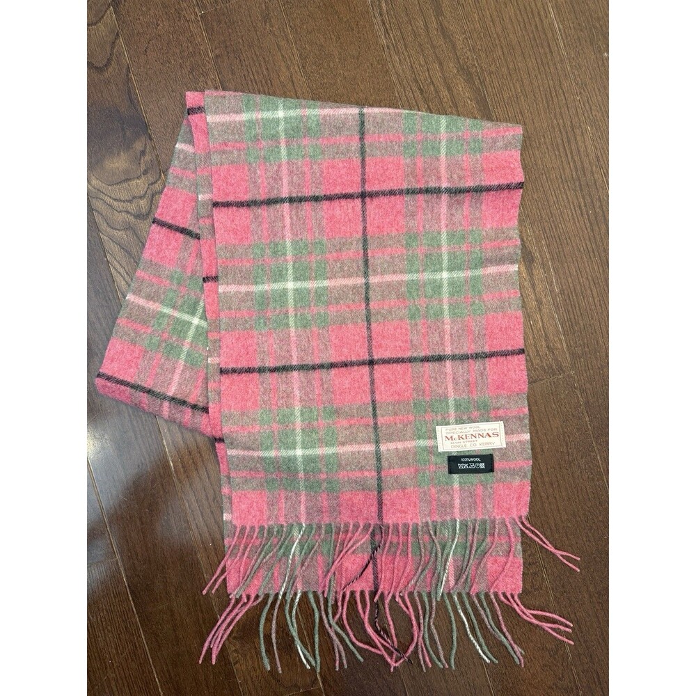 McKenna’s of Dingle 100% Lambswool Scarf Pink Green Plaid Ireland Fringe